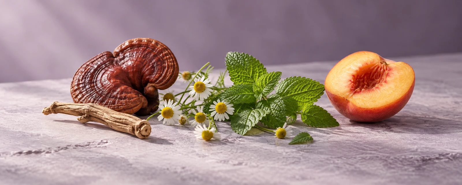 Escena ilustrativa de CALM: botánicos representativos y durazno como referencia al sabor