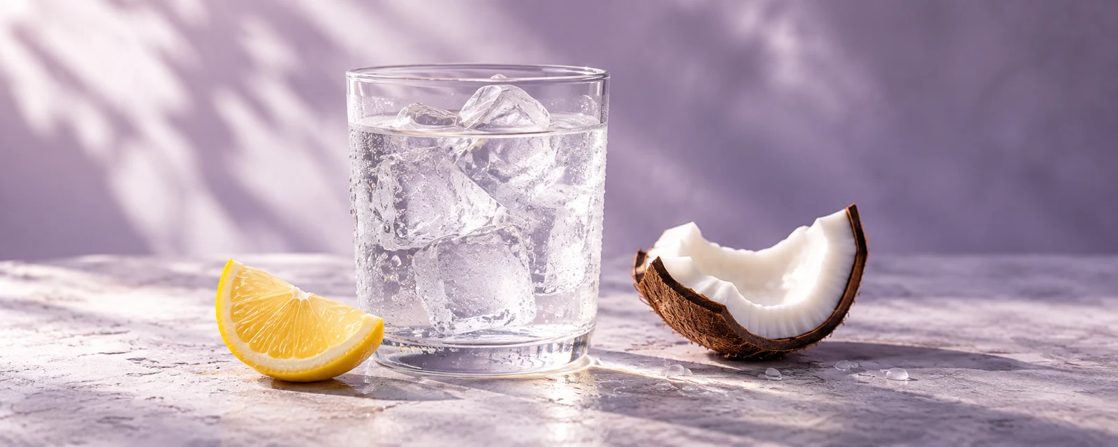 Escena ilustrativa de DAILY SHOTS: agua con hielo, coco y limón como referencia al sabor Lemon Splash