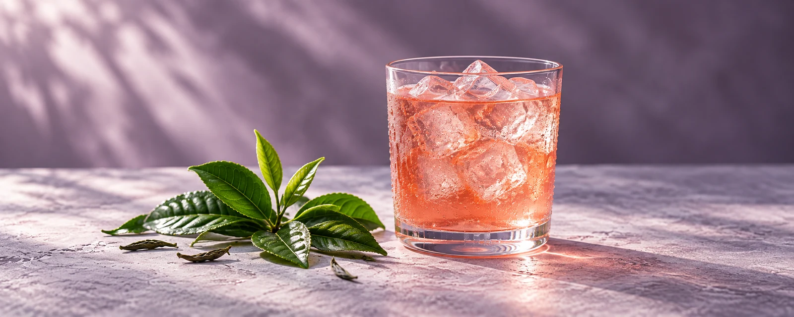 Escena ilustrativa de IGNITE: hojas de té y bebida coral con hielo