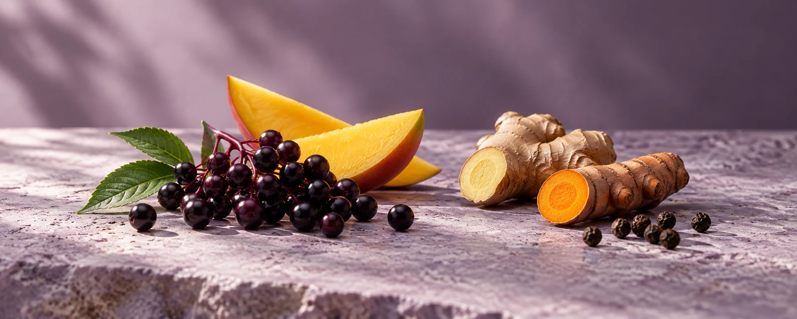 Escena ilustrativa de PROTECT: botánicos representativos y mango como referencia al sabor