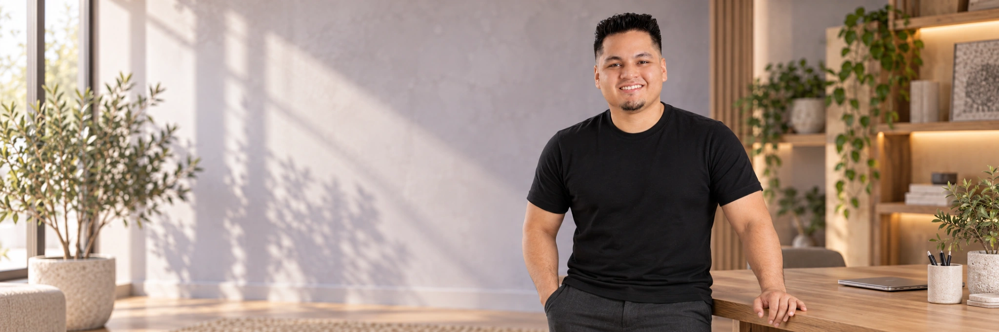 Diego Sovero con polo negro junto a una mesa en un estudio luminoso